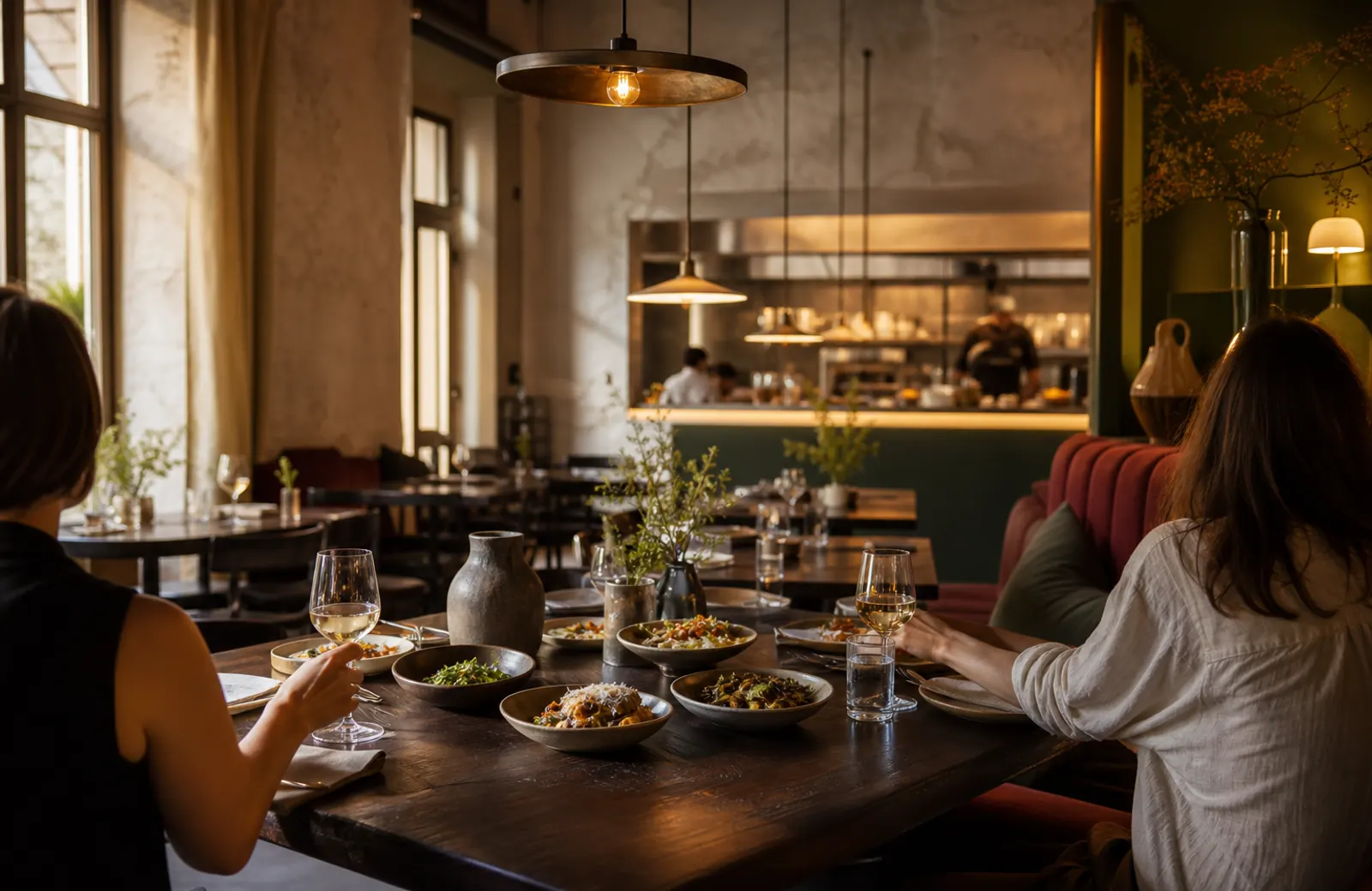 Fikcyjne miejskie bistro i stół pełen dań do dzielenia