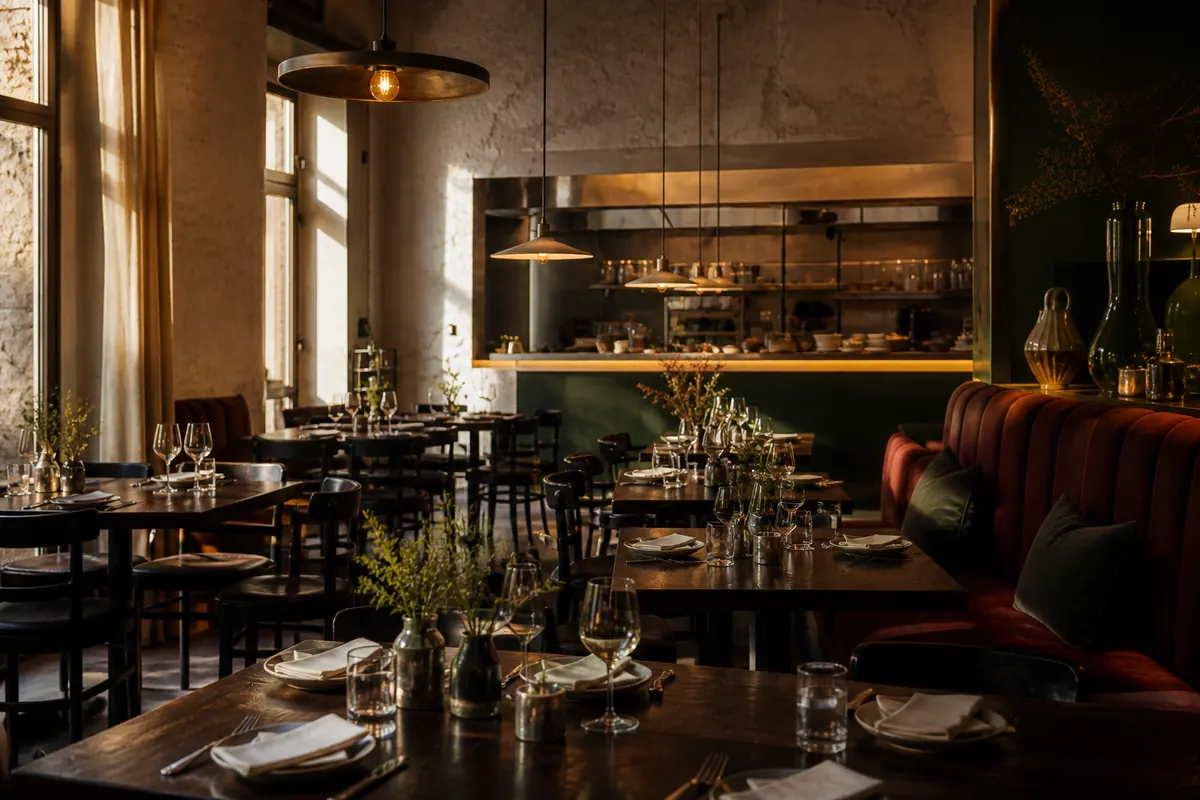 Sala fikcyjnego bistro przygotowana na małe wydarzenie